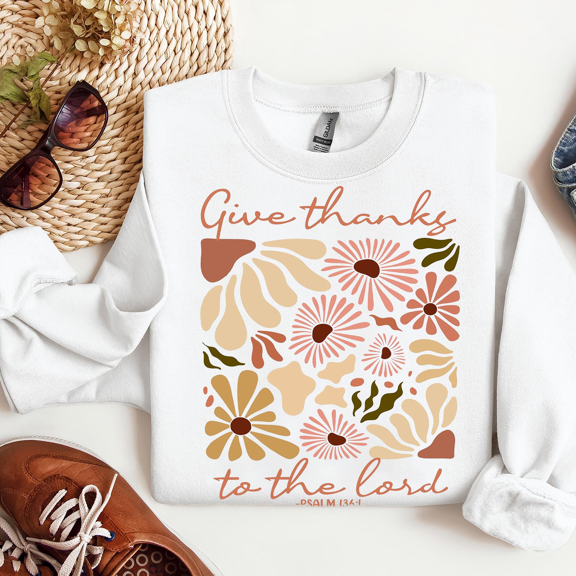 Give Thanks To The Lord Sweatshirt, Boho Floral Christian Sweatshirt, Fall Bible Verse Sweatshirt. ILAF24